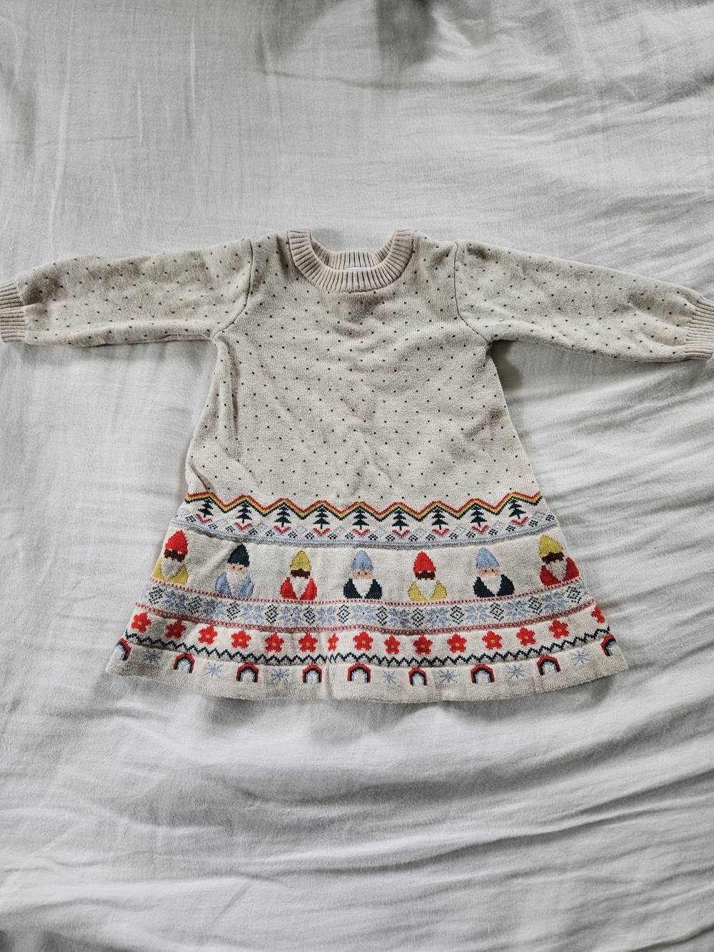 Hanna Andersson Cream Knit Dress with Multicolor Gnome Border - Picture 2 of 3